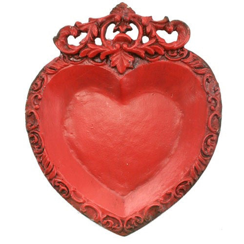 Dish - Antiqued Heart & Filigree Trinket Tray in Red Painted Iron