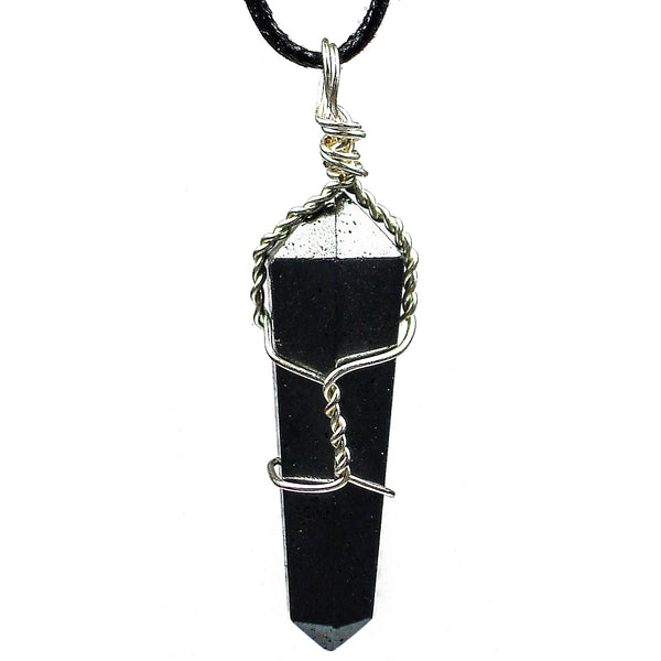 Hematite Wire Wrapped Double Terminated Crystal Wand Pendant