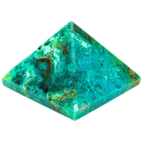 A blue Chrysocolla crystal pyramid with a polished surface and natural variations in color and pattern.