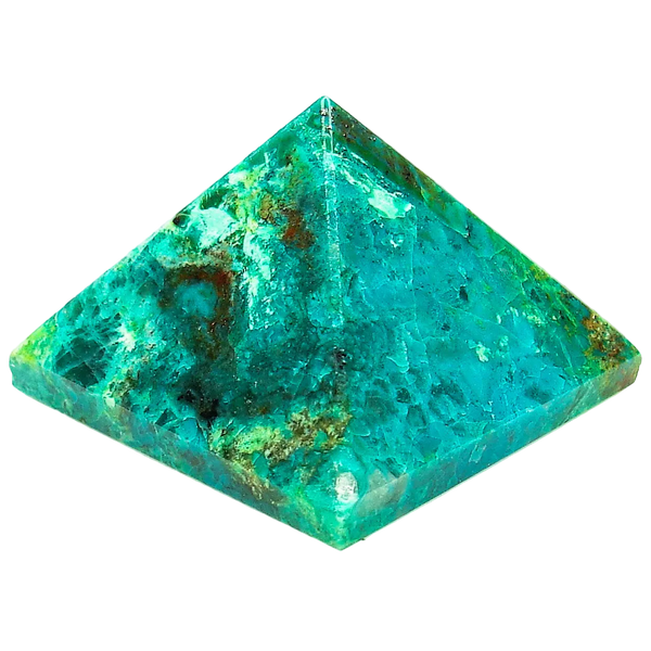 A blue Chrysocolla crystal pyramid with a polished surface and natural variations in color and pattern.