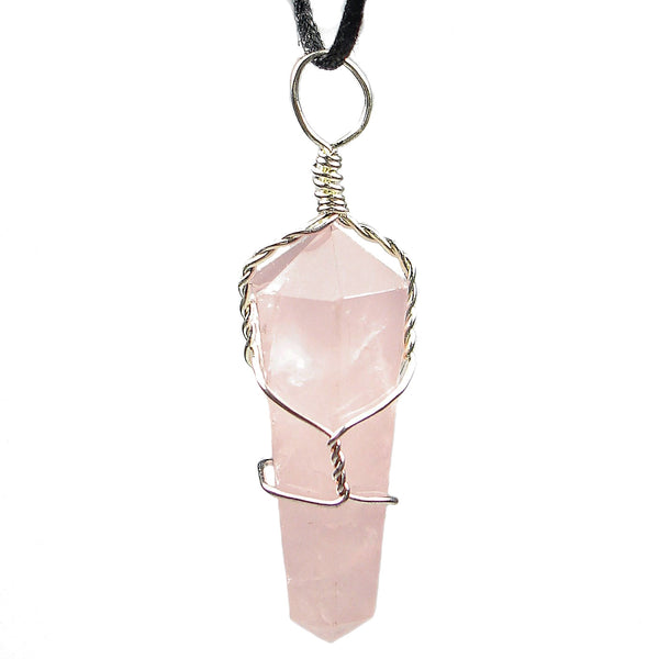 Rose Quartz Wire Wrapped Double Terminated Crystal Wand Pendant