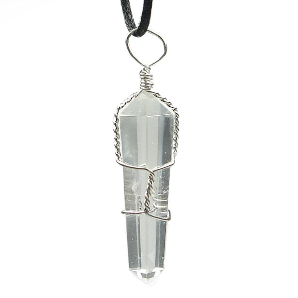 Clear Quartz Wire Wrapped Double Terminated Crystal Wand Pendant
