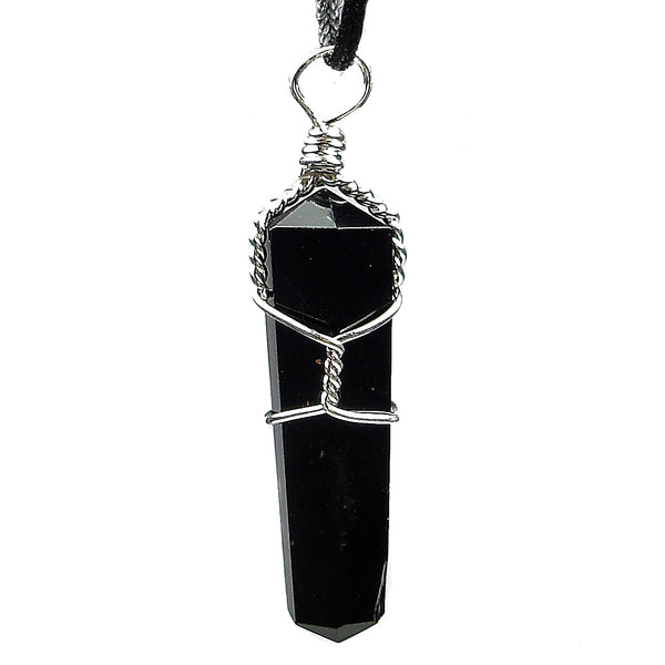 Obsidian Wire Wrap Double Terminated Point Chakra Pendant Necklace – Handmade, Natural Black Stone, Silver Wire