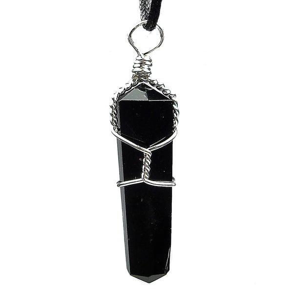 Black Obsidian Wire Wrapped Double Terminated Crystal Wand Pendant