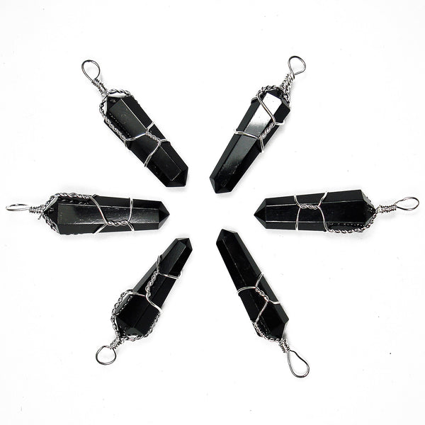 Black Obsidian Wire Wrapped Double Terminated Crystal Wand Pendant